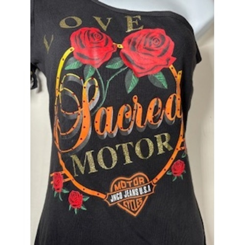 Vintage JNCO Jeans USA One Shoulder Dress Small Black Sacred Motor Fringe Biker - Picture 2 of 8